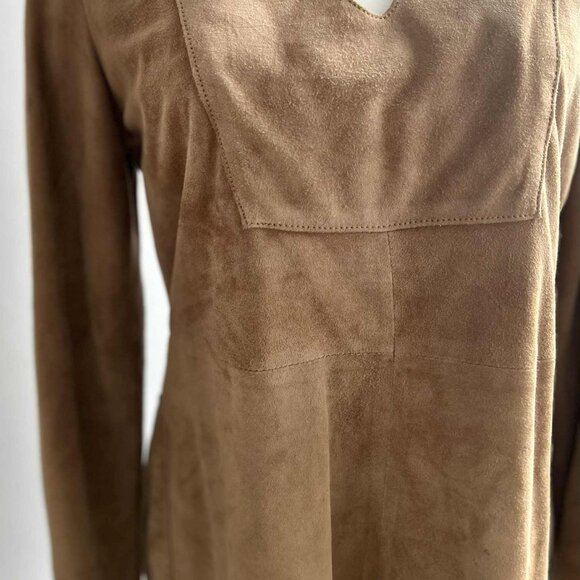 Vintage 1969 Camel Brown Nubuck Leather Tunic Top with Notched Neck – US S - Picture 5 of 13